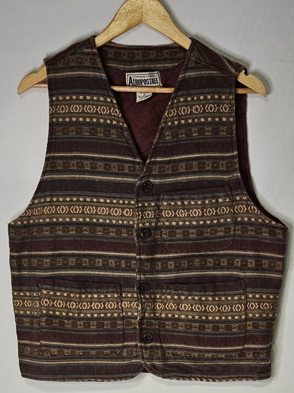 Vintage 90s Compagnie Generale Aeropostale Tapestry Vest In Maroon And Tan. Sz.S